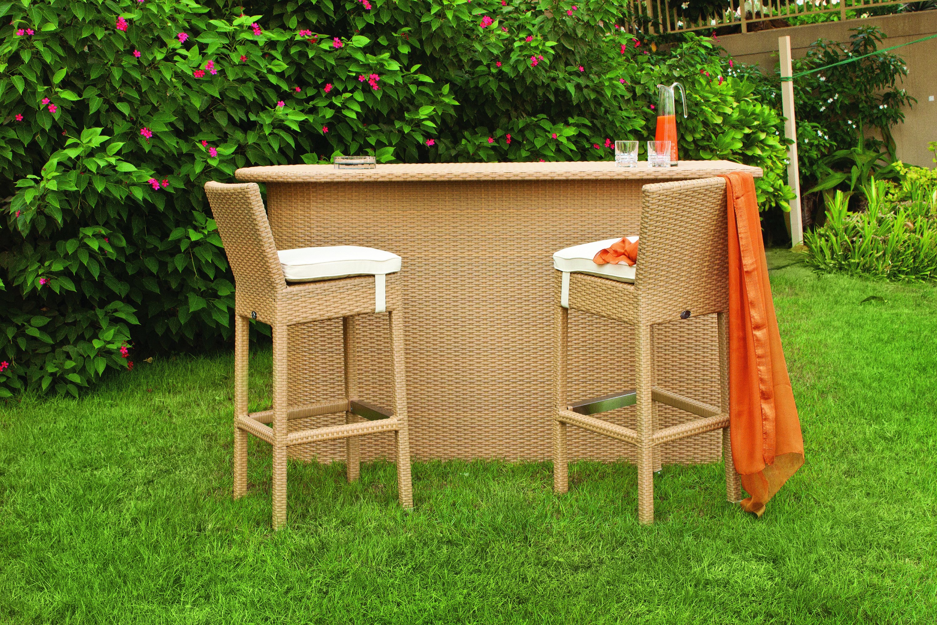 Outdoor bar counter and high stools