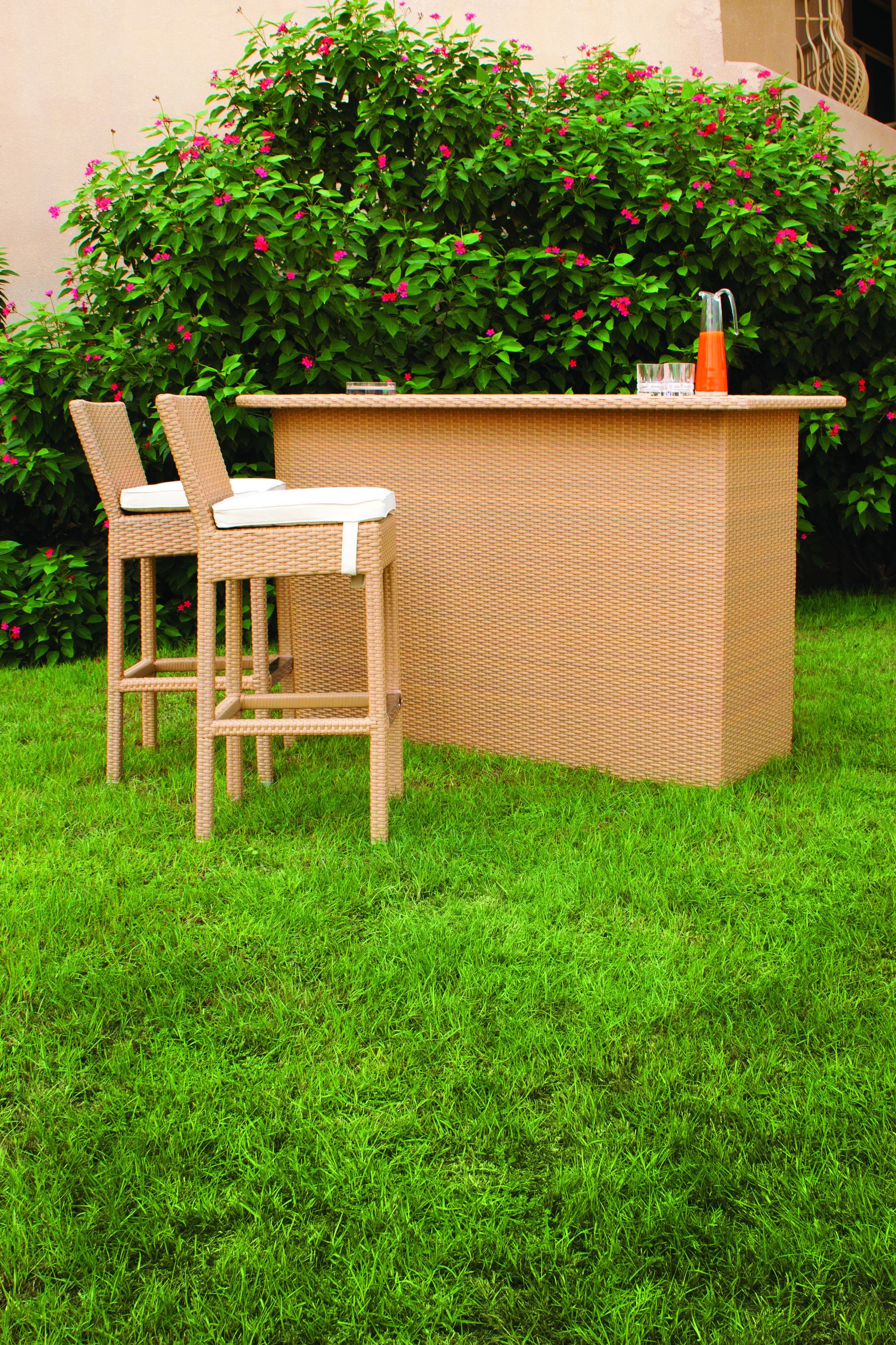 Outdoor bar counter and bar stools