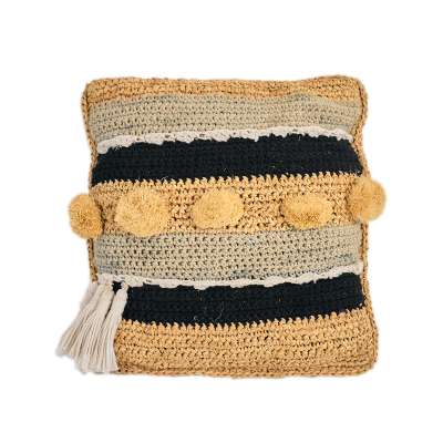 Sisal Knit Cushion with Macrame & Pom Pom 40x40 cm