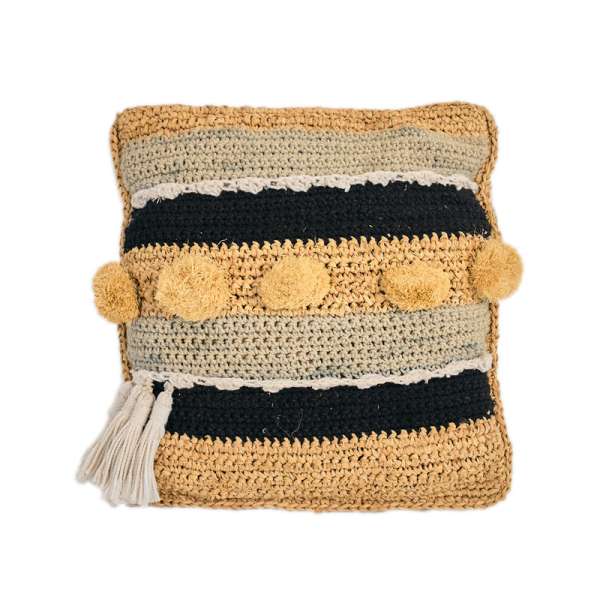 Sisal Knit Cushion with Macrame & Pom Pom 40x40 cm