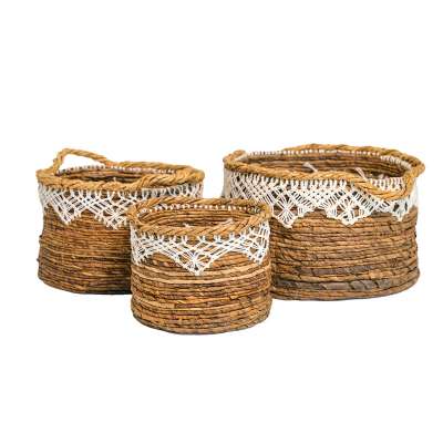 Banana Leaf Basket Planter with Macrame & Handle Set of 3 Brown