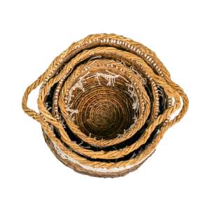 Banana Leaf Basket Planter with Macrame & Handle Set of 3 Brown