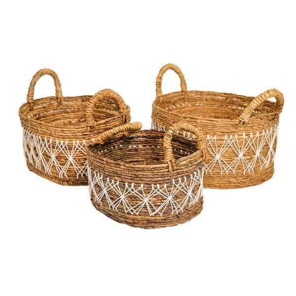 Banana Leaf Oval Basket Set of 3 with Macrame Brown