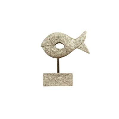 Grey Stone Hand Carved Fish Statue 20x21cm