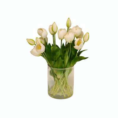 Artificial White Tulips Bouquet in Round Glass Vase