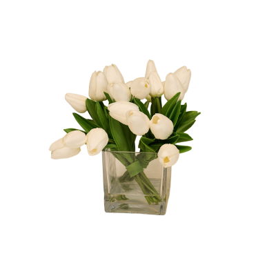 Artificial White Tulips Bouquet in Square Glass Vase