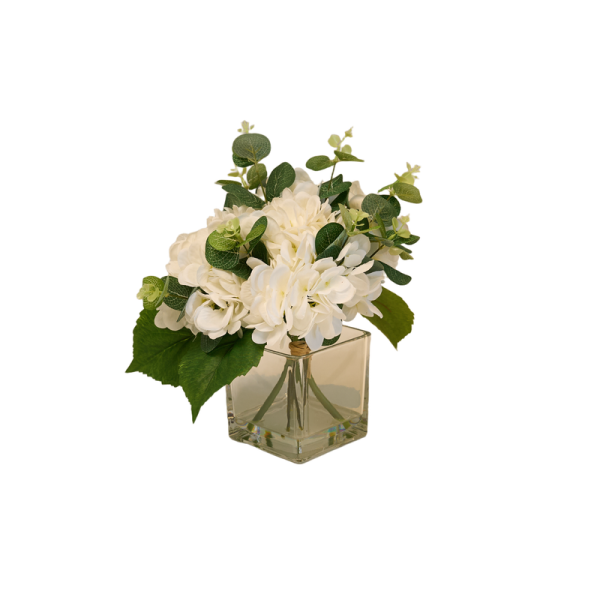 Artificial White Hydrangea Bouquet in Glass Vase