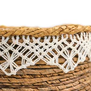 Banana Leaf Basket Planter with Macrame & Handle Set of 3 Brown